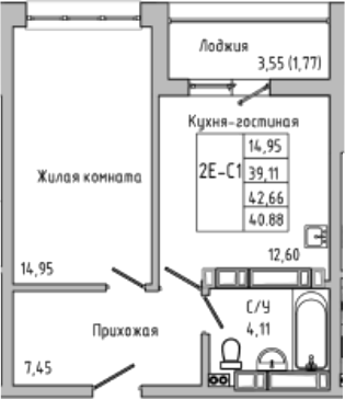 Планировка — Луна, 2-комн., 39 м²