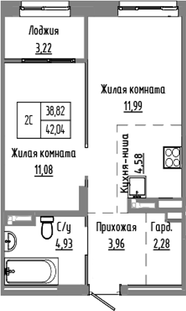 Планировка — Базилик, 2-комн., 39 м²