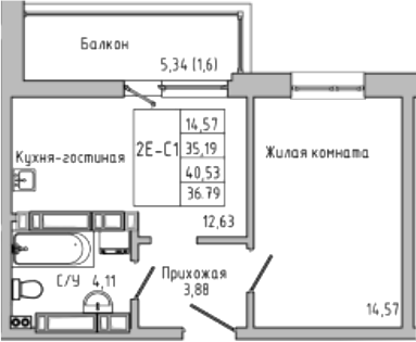 Планировка — Луна, 2-комн., 35 м²