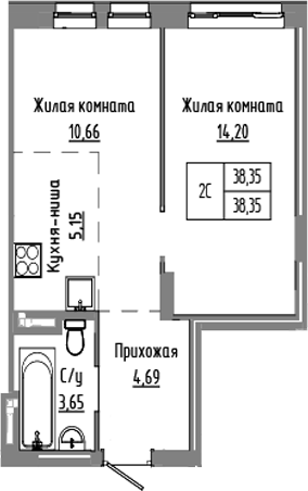 Планировка — Базилик, 2-комн., 38 м²