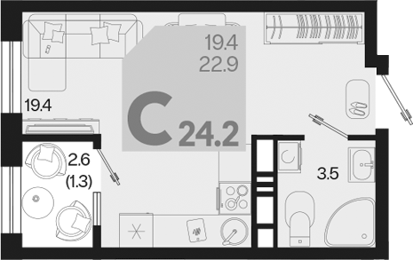 Планировка — Первое место, Студия, 23 м²