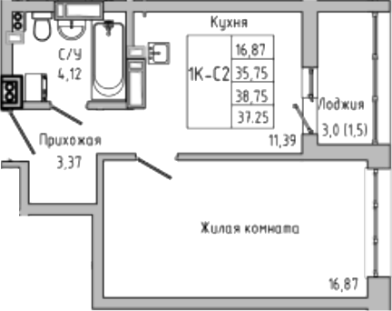 Планировка — Луна, 1-комн., 36 м²
