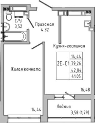 Планировка — Луна, 2-комн., 39 м²