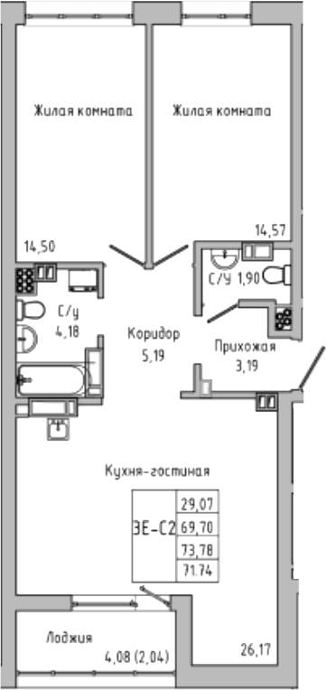 Планировка — Луна, 3-комн., 70 м²