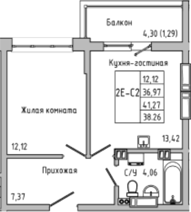 Планировка — Луна, 2-комн., 37 м²
