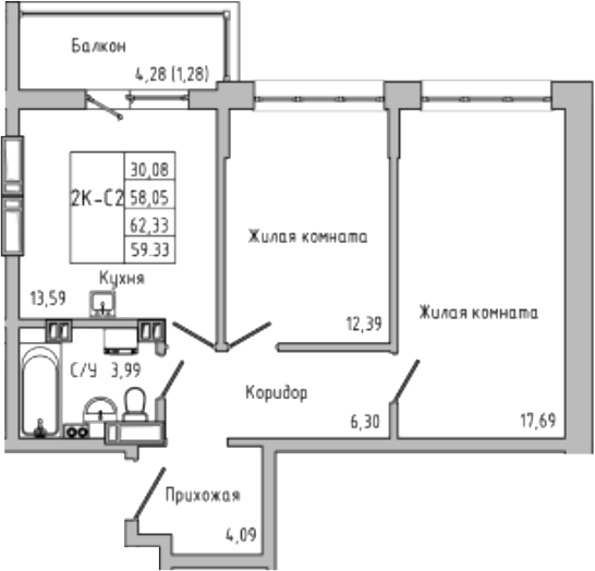 Планировка — Луна, 2-комн., 58 м²