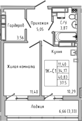 Планировка — Луна, 1-комн., 34 м²