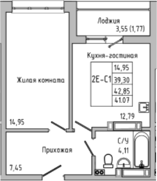 Планировка — Луна, 2-комн., 39 м²