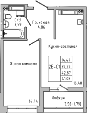 Планировка — Луна, 2-комн., 39 м²