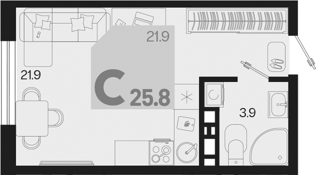 Планировка — Первое место, Студия, 26 м²