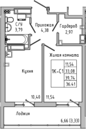 Планировка — Луна, 1-комн., 33 м²
