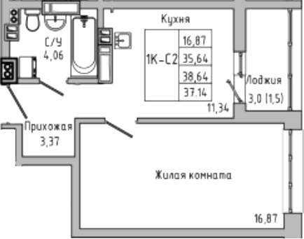 Планировка — Луна, 1-комн., 36 м²