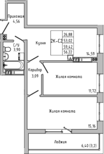 Планировка — Луна, 2-комн., 53 м²