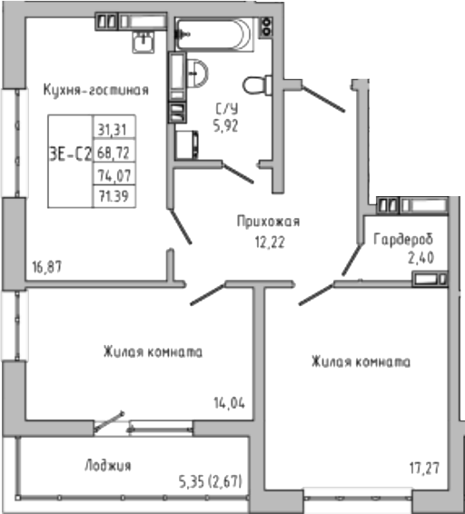 Планировка — Луна, 3-комн., 69 м²