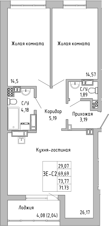 Планировка — Луна, 3-комн., 70 м²