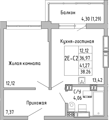 Планировка — Луна, 2-комн., 37 м²