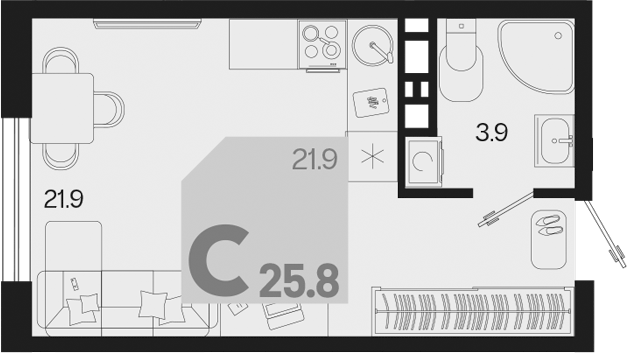 Планировка — Первое место, Студия, 26 м²