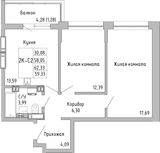 Планировка — Луна, 2-комн., 58 м²