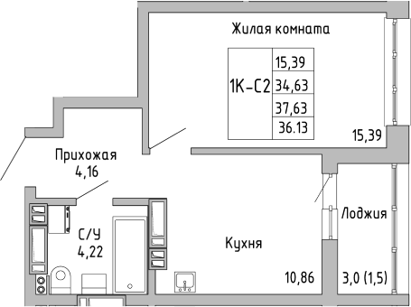 Планировка — Луна, 1-комн., 35 м²