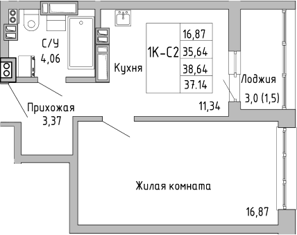 Планировка — Луна, 1-комн., 36 м²