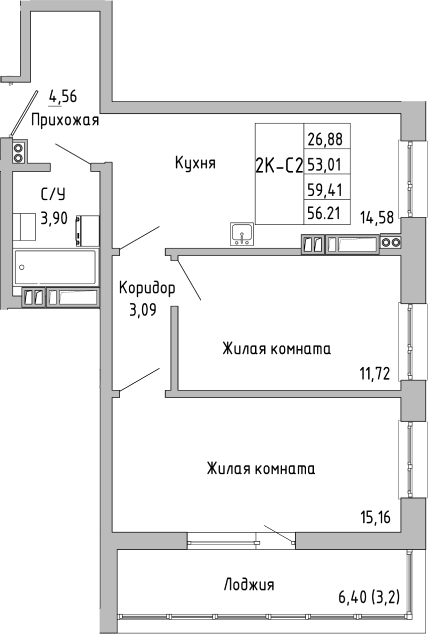 Планировка — Луна, 2-комн., 53 м²