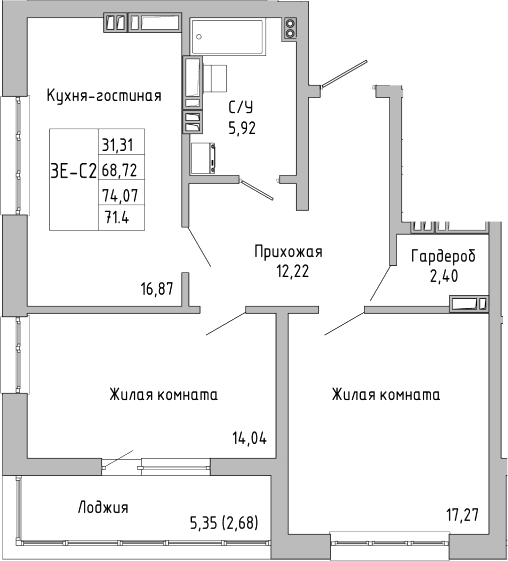 Планировка — Луна, 3-комн., 69 м²
