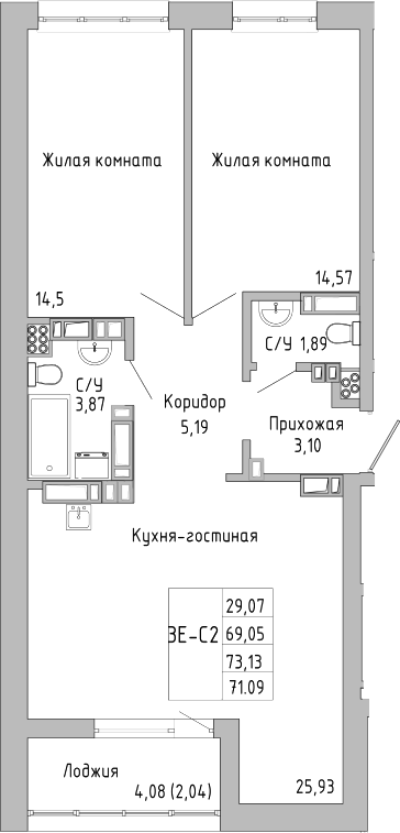 Планировка — Луна, 3-комн., 69 м²