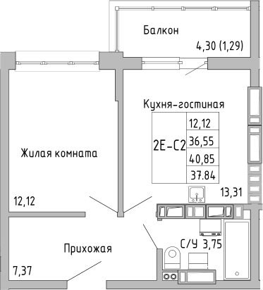 Планировка — Луна, 2-комн., 37 м²