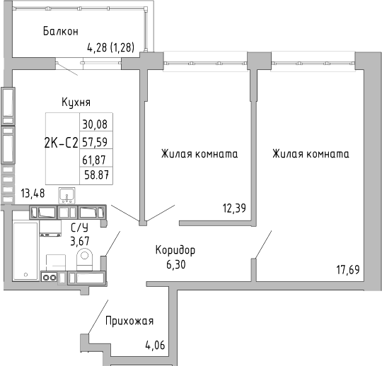 Планировка — Луна, 2-комн., 58 м²