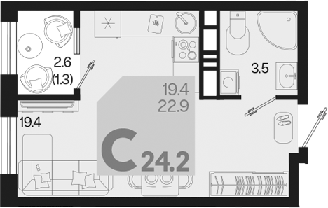 Планировка — Первое место, Студия, 23 м²