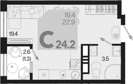Планировка — Первое место, Студия, 23 м²