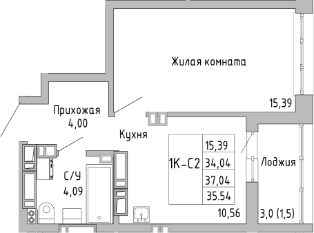 Планировка — Луна, 1-комн., 34 м²