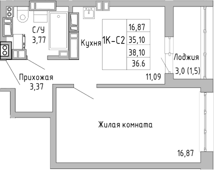 Планировка — Луна, 1-комн., 35 м²