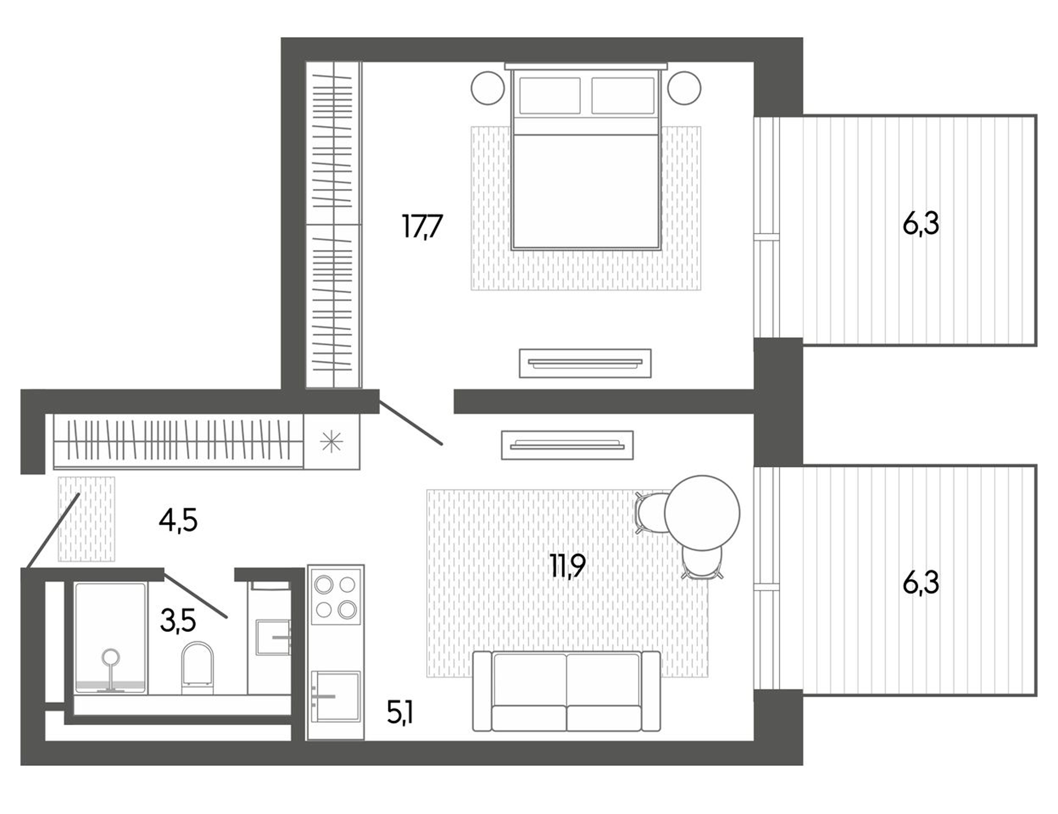 Планировка — Карлуу. Карлушка, Студия, 43 м²