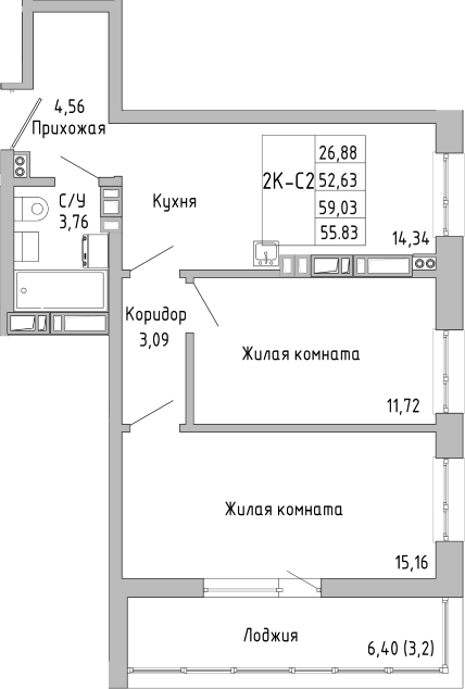 Планировка — Луна, 2-комн., 53 м²