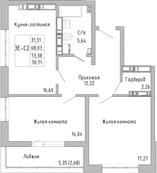Планировка — Луна, 3-комн., 68 м²