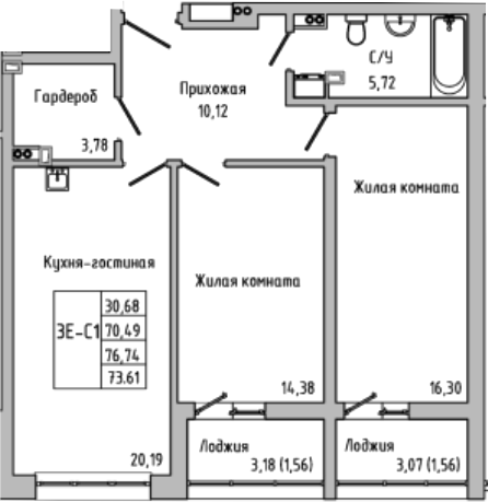 Планировка — Луна, 3-комн., 70 м²