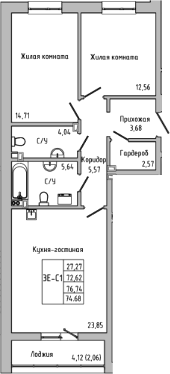 Планировка — Луна, 3-комн., 73 м²