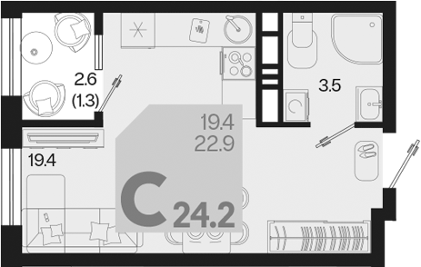 Планировка — Первое место, Студия, 23 м²