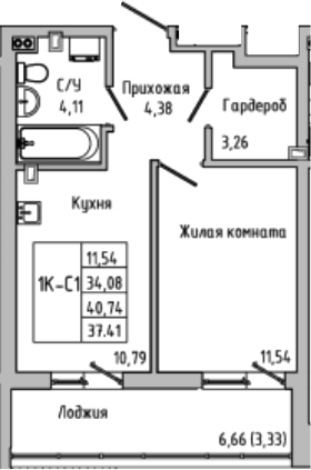 Планировка — Луна, 1-комн., 34 м²