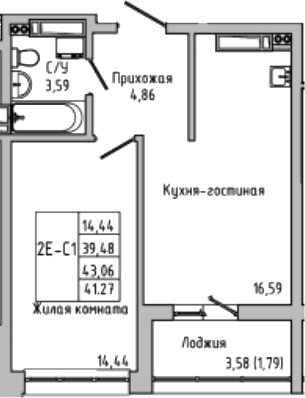 Планировка — Луна, 2-комн., 39 м²