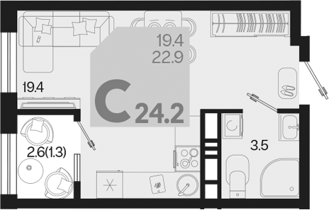 Планировка — Первое место, Студия, 23 м²