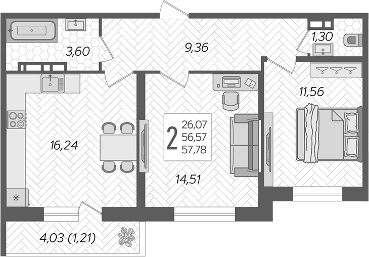 Планировка — Смородина, 3-комн., 57 м²