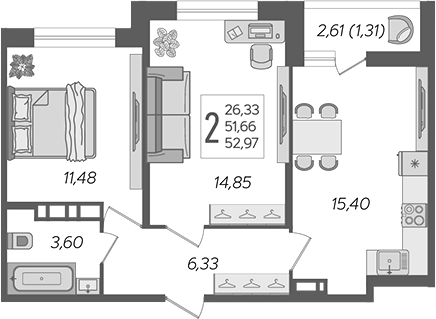 Планировка — Смородина, 3-комн., 52 м²