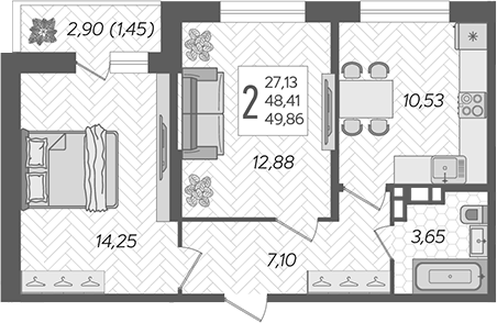 Планировка — Смородина, 2-комн., 48 м²