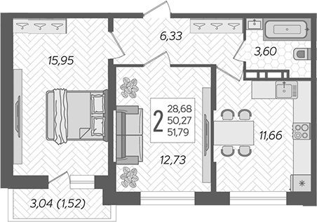 Планировка — Смородина, 2-комн., 50 м²