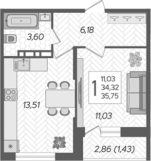 Планировка — Смородина, 1-комн., 34 м²