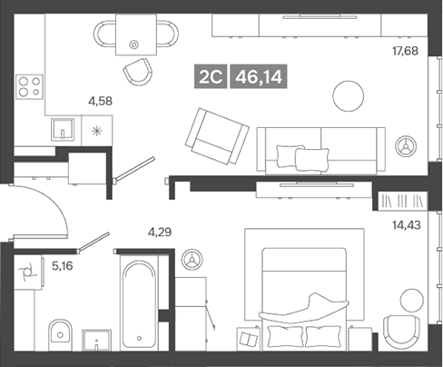 Планировка — Ньютон, 2-комн., 46 м²