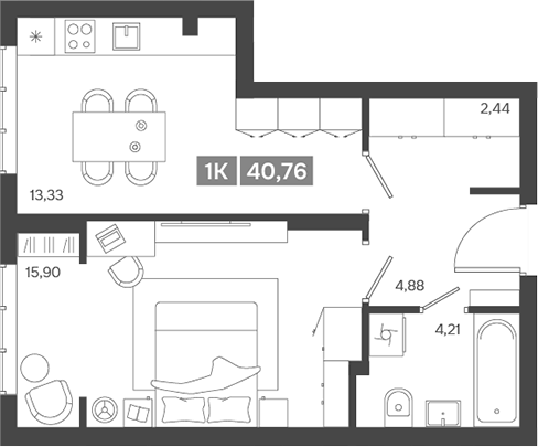 Планировка — Ньютон, 1-комн., 41 м²