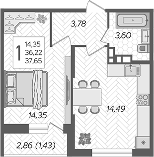 Планировка — Смородина, 1-комн., 36 м²